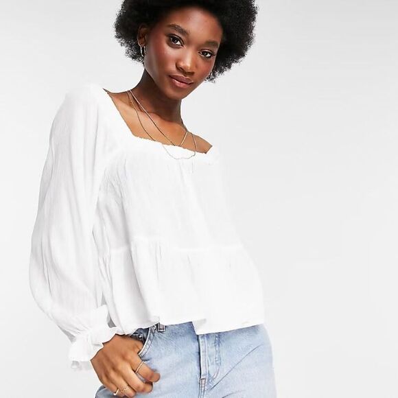 ASOS Square Neck Crinkle Smock Ivory White‎ Smock Top Size 10 - Picture 1 of 9
